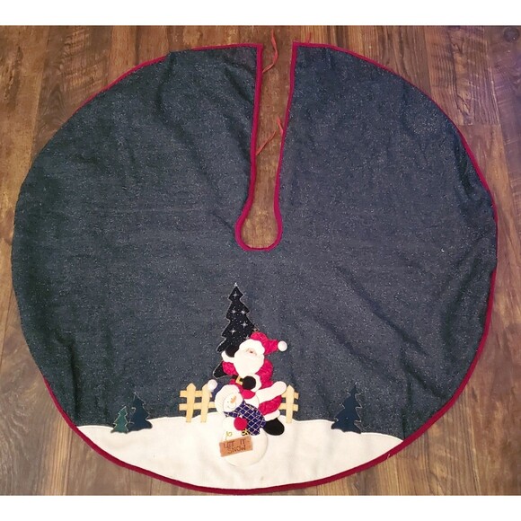 Santa Snowman Christmas Tree Skirt Green Sparkly 43" Primitive Vtg Y2K Applique - Picture 1 of 9